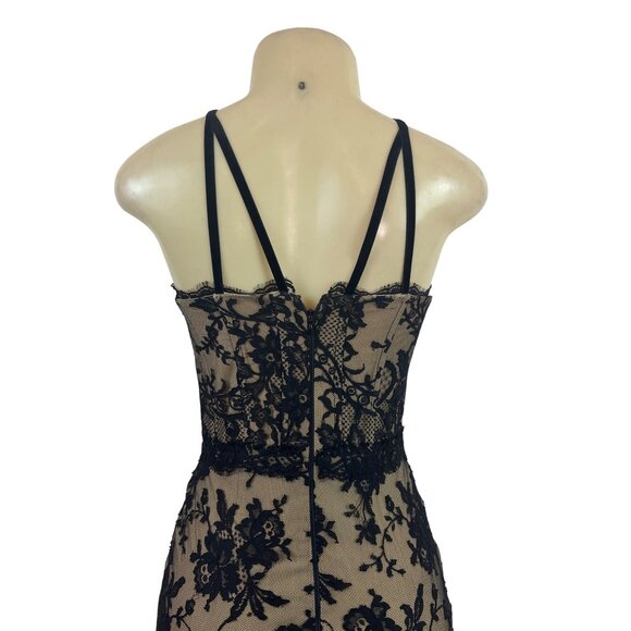 Black Lace Overlay Nude Lined Strappy Corset Midi Dress With Zipper Back - Picture 5 of 8
